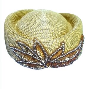 Elegant Gorgeous Gold tone Metallic bead Wedding Church Festival party Straw hat